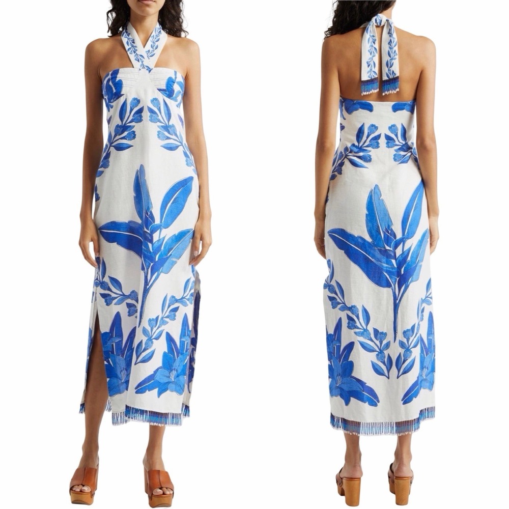 Farm Rio Blue Yard Office White Sleeveless Halter Maxi Dress Size L Tropical NEW - Picture 1 of 16